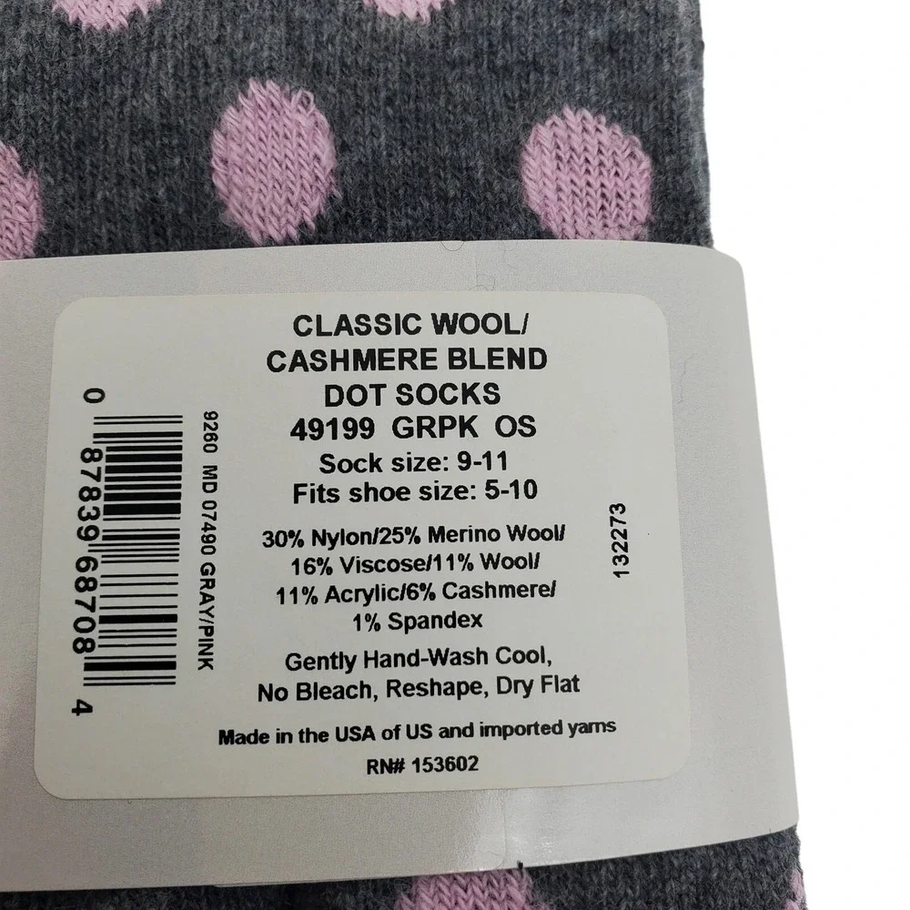 Gray Pink Dot Crew Socks Medium Garnet Hill Cashmere Blend 9-11 Warm Cozy Dress